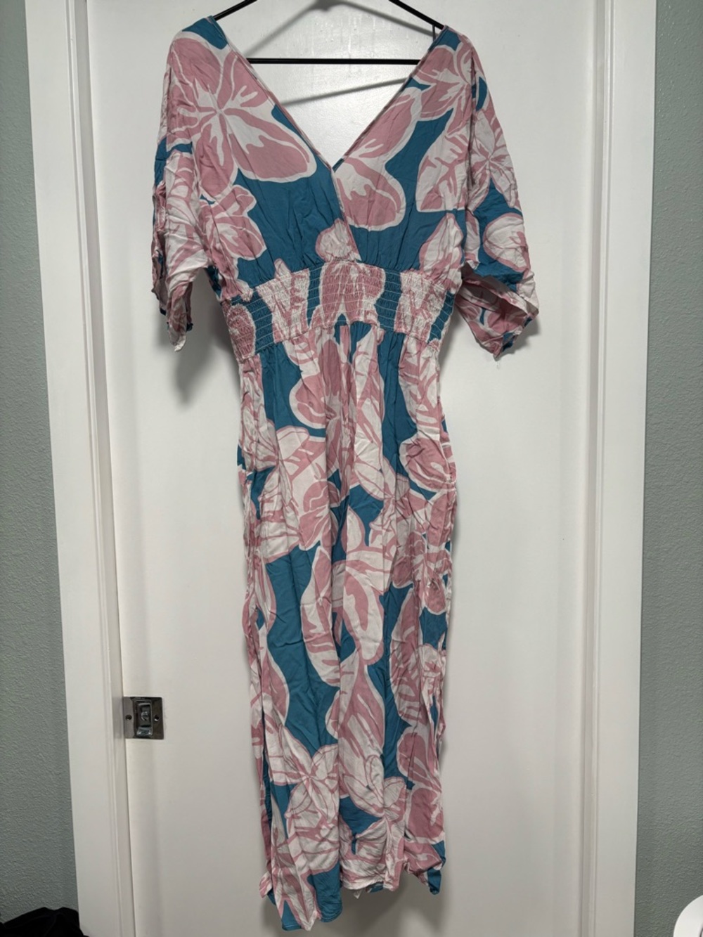 Lexbreezy Floral V-Neck jumperDress in Dusty Pink & Teal